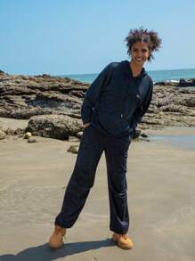 In My Nature Letter Graphic Drawstring Waist Outdoor Sweatpants - Black - View 4