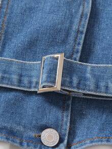 SHEIN 年輕女孩荷葉袖荷葉搖擺襬襯衫裙和腰帶丹寧背心上衣