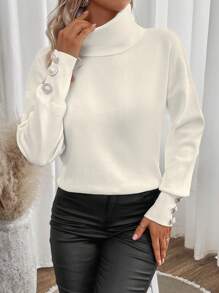 SHEIN Clasi 高領落肩袖紐扣細節套頭毛衣 - 白色 - 查看 1