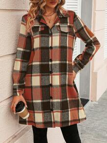 EMERY ROSE 格紋印花翻蓋細節前紐扣外套 - 鏽棕色 - 查看 3