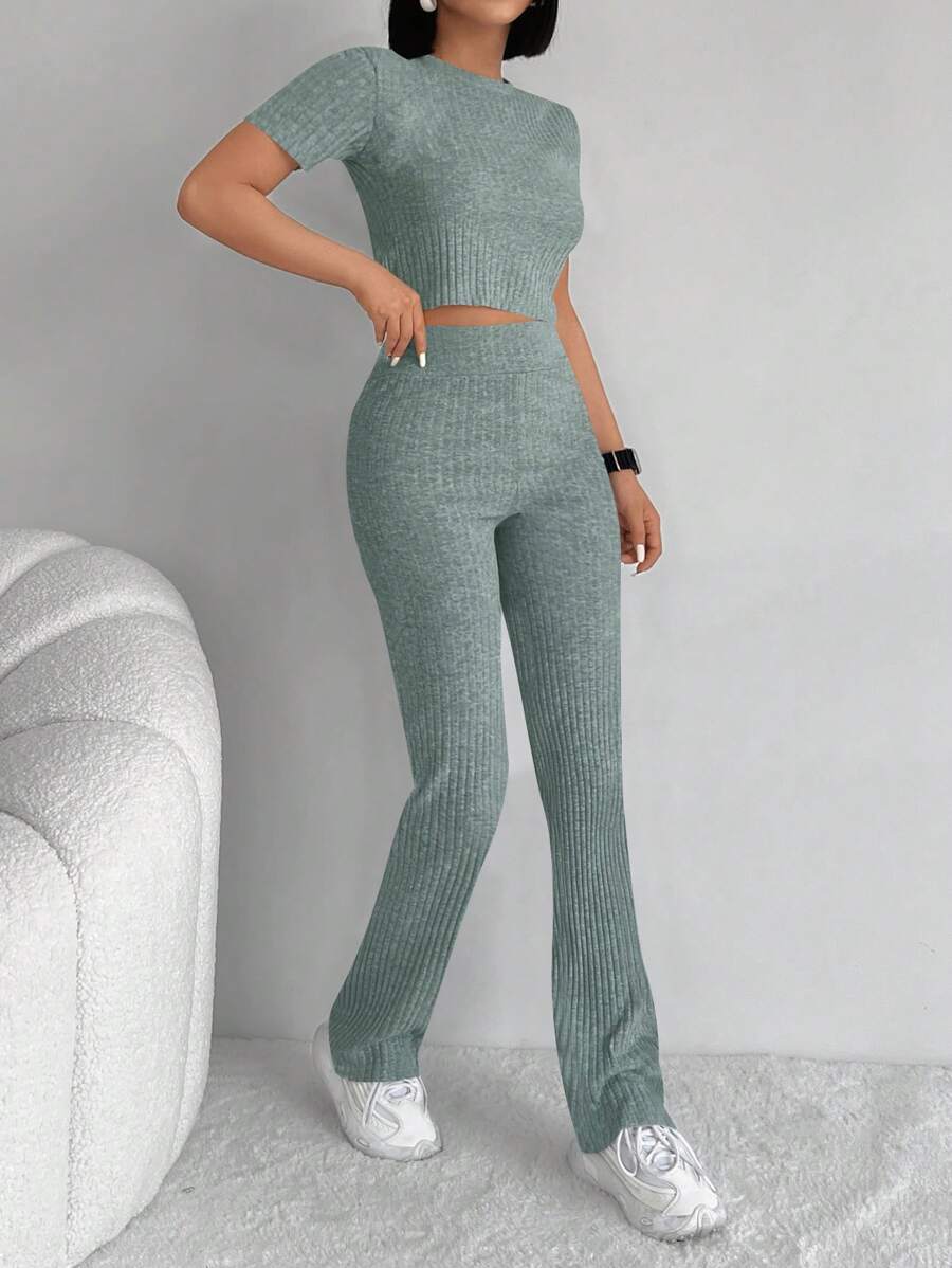 EURMUSE Solid Crop Tee & Pants - Mint Green - View 1