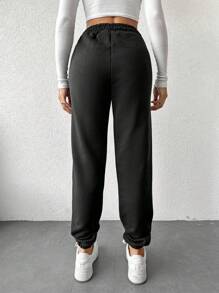 RueChic Solid Elastic Waist Slant Pocket Sweatpants - Black - View 2