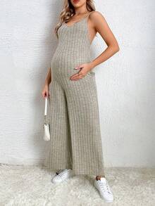 SHEIN Thai sản Đồ đan Ribbed Cami quần áo nịt rộng cho đùi - Màu be - Xem 3