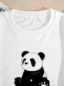 Sudadera con estampado de panda y letra de hombros caídos - Blanco - Ver 7