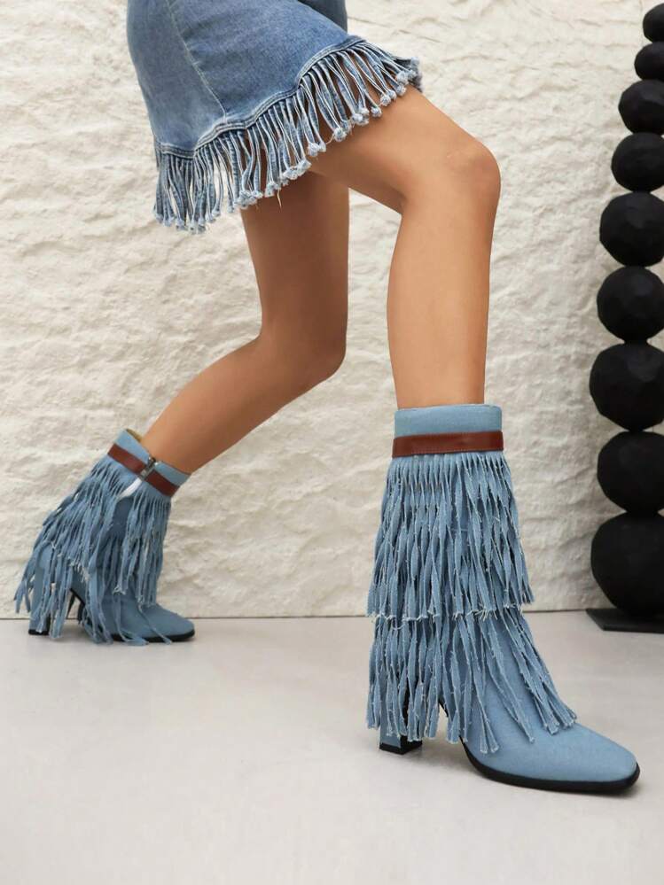 Chic Denim Short Boots for Women Fringe Shaft Side Zipper Square Toe High Heel Fringe Boot Shaft with Side Zipper Square Toe High Heel Denim Fabric SHEIN