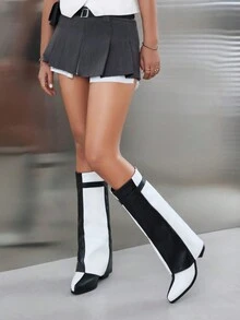 經典女士膝高靴,粗跟尖頭設計:黑白色塊設計,適合派對和聚會 - 黑與白 - 查看 4