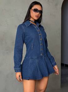 SHEIN ICON Nút phía trước Đầm Denim Không có thắt lưng - Rửa tối - Xem 4