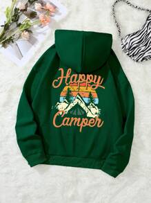 SHEIN EZwear Đồ họa núi & chữ Túi kangaroo Dây rút Lót nhiệt Hoodie - màu xanh lá - Xem 1