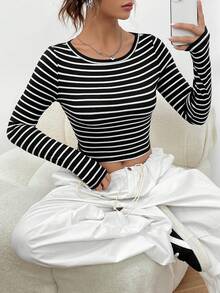 SHEIN EZwear 黑白條紋針織女士修身t恤