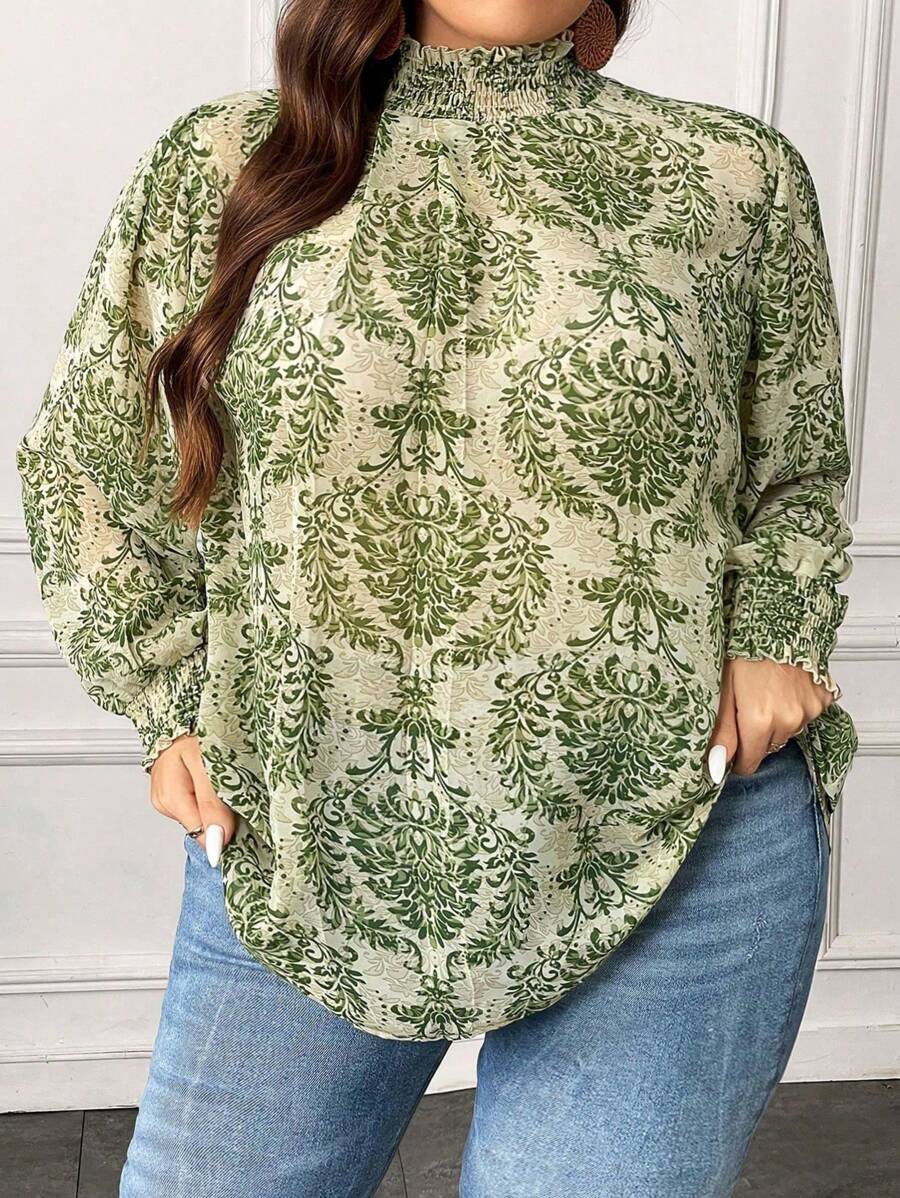 SHEIN CURVE+ Plus Allover Print Mock Neck Lantern Sleeve Blouse - Multicolor - View 1