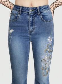 ROMWE Fairycore Floral Embroidery Flare Leg Jeans