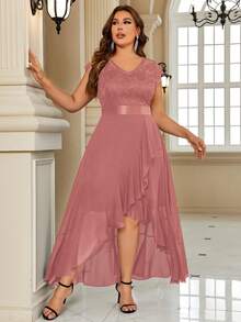 Vestido maxi de gasa con volantes y abertura para mujer de talla grande, vestido de fiesta formal, vestido de invitada de boda - Rosa vieja - Ver 3