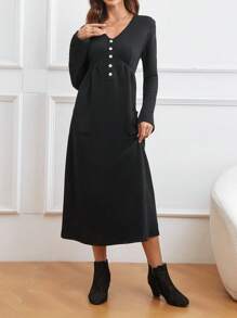 純色鈕扣前連身裙 - 黑色 - 查看 1