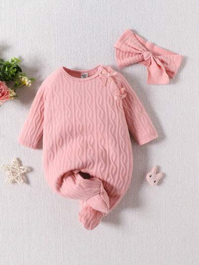 SHEIN 嬰兒女孩扭結花針織連體衣,家居服裝