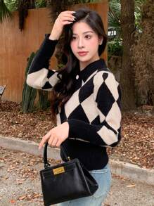 DAZY Diamond Plaid Cardigan Sweater With Front Buttons - Black - View 7