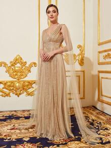 Elegant V-Neck Sleeveless Evening Gown With Sheer Organza Cape & A-Line Flowing Skirt - Sophisticated Formalwear For Red Carpet Galas, Black-Tie Dinners, Wedding Receptions, Luxury Balls, And Grand Celebrations - Champagne - View 4