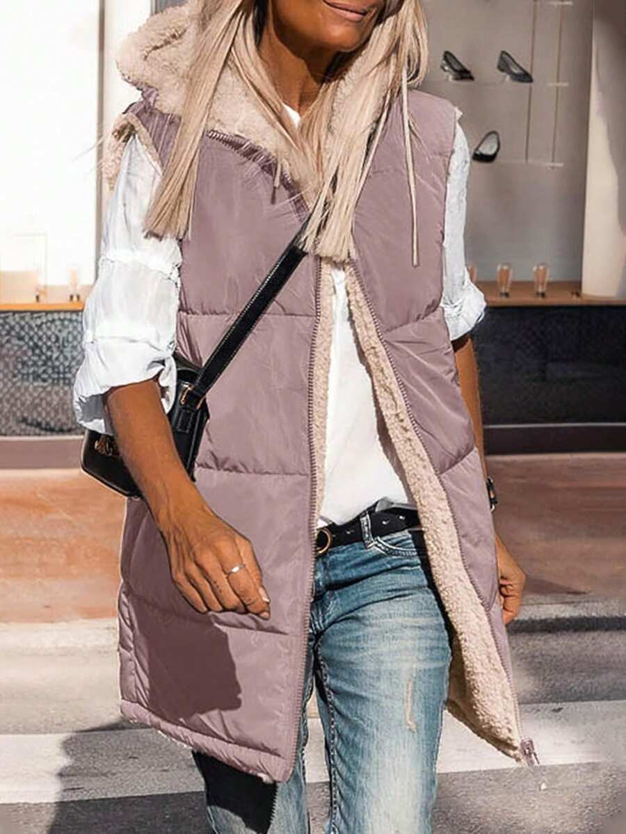 拉鏈開襟抽繩連帽羽絨背心大衣 - 藕粉色 - 查看 1