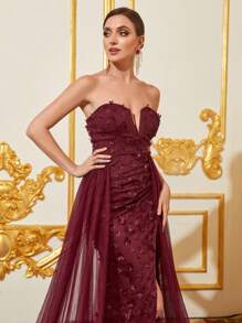 Contrast Mesh Split Thigh Tube Dress - Burgundy - View 8