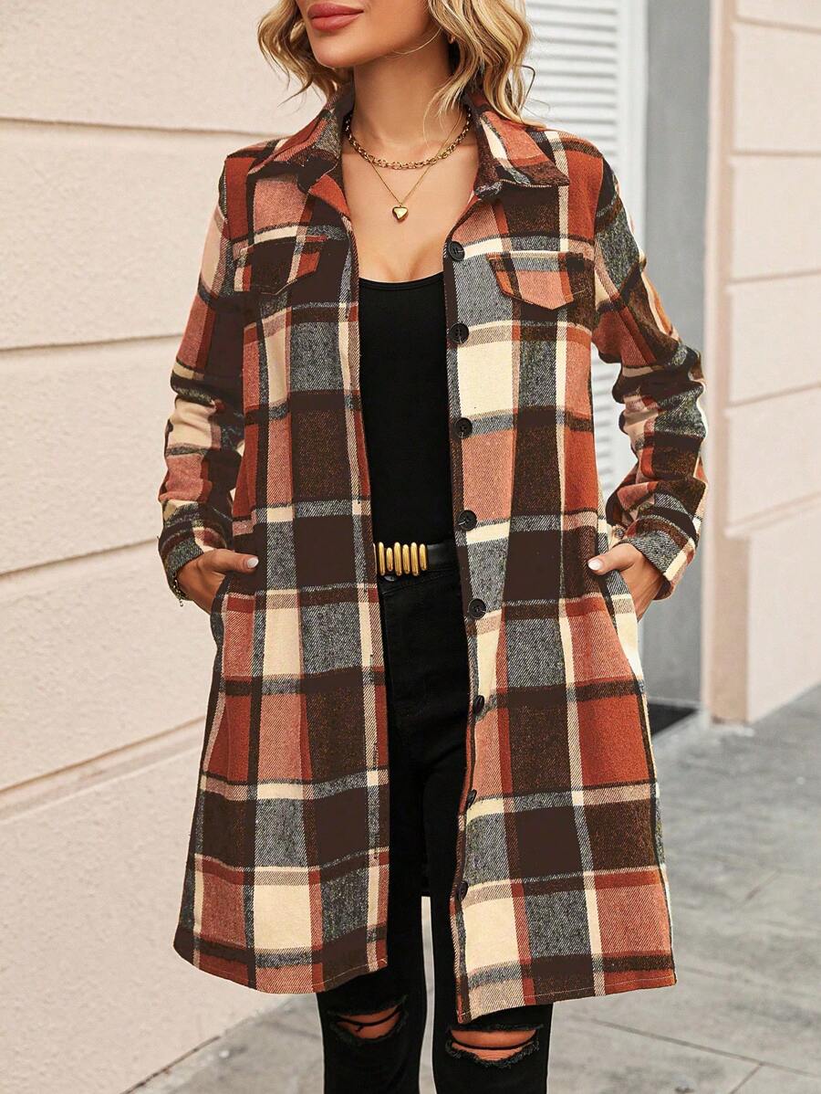 EMERY ROSE 格紋印花翻蓋細節前紐扣外套 - 鏽棕色 - 查看 1