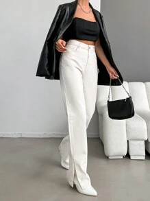 Cottnline Cao eo Viền chia cắt Quần legging thẳng - trắng - Xem 4