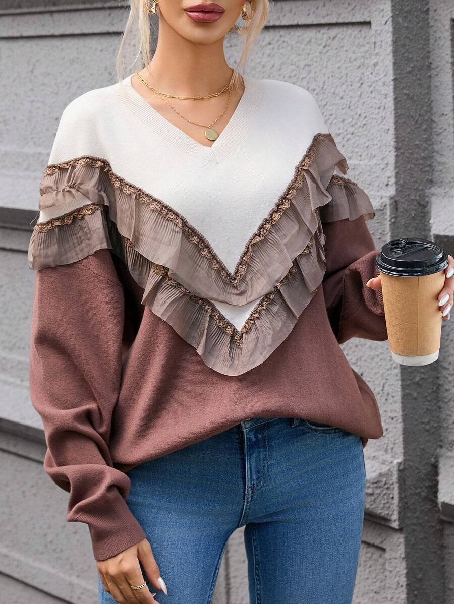 SHEIN Privé 撞色荷葉邊落肩袖套頭毛衣 - 卡其色 - 查看 1