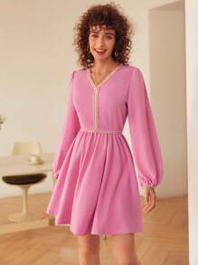 SHEIN Frenchy Lantern Sleeve Contrast Trim Dress Winter Elegant Pink Evening Dress - Pink - View 4