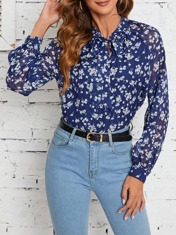 Floral Print Tie Front Shirt Winter Vacation Flower Blue