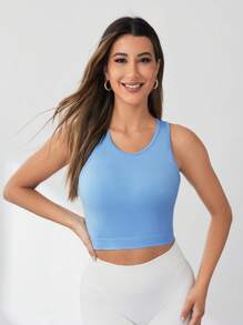 SHEIN Sports 对比色边饰短款运动健身背心健身房上衣修身衬衫 - 淺藍色 - 查看 5