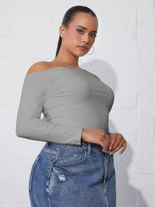 SHEIN SXY 大尺碼不對稱領長袖T恤 - 淺灰色 - 查看 4