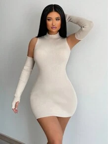 SHEIN SXY 小高領緊身毛衣洋裝帶袖子 - 杏色 - 查看 5