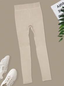 Easithlete 纯色宽腰运动紧身裤氨纶瑜伽女裤 - 杏色 - 查看 4