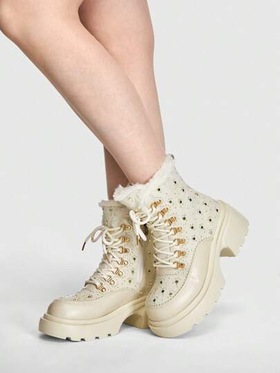 Kawaii Frauen Stiefeletten Strass Dekor, Plateau,