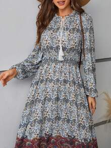 SHEIN VCAY Women's Paisley Printed Tie Neck Line Buttoned Collar Cinched Waist Dress - Multicolor - View 6