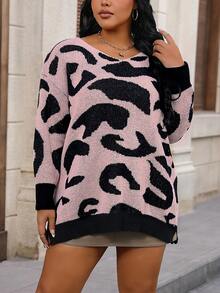Calvaya Plus Graphic Pattern Drop Shoulder Sweater - Pink - View 5