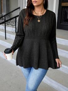 Celure Plus Pointelle Knit Peplum Sweater - Black - View 6