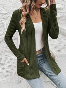 EMERY ROSE Solid Open Front Ribbed Knit Coat In Fall/Winter - Dark Green - View 6