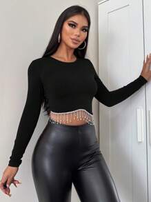 EURMUSE Ladies' Ultra-short, Slim Fit Blouse With Rhinestone And Fringe Detailing - Black - View 3