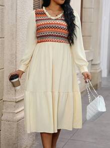 Calvaya Hơn In Chevron Xù Hoa Sen Váy Smock - Nhiều màu - Xem 4