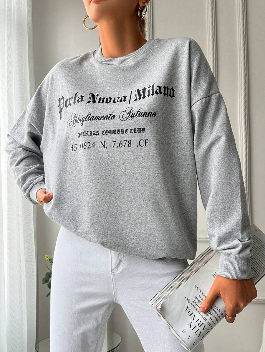 EURMUSE Women's Slogan Print Crew Neck Dropped Shoulder Long Sleeve Casual Loose Sweatshirt - Grey - View 1