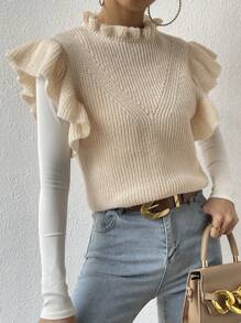 SHEIN Essnce Ruffle Trim Sweater Vest Without Tee - Apricot - View 5