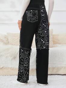 SHEIN Maternity Cartoon Graphic Wide Leg Jeans - Black - View 2