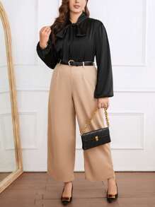 SHEIN Privé Plus Size Knot Collar Balloon Sleeve Shirt - Black - View 5