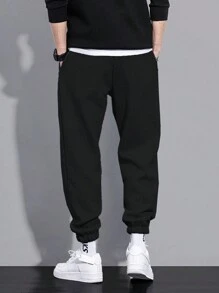 RueChic Men's Casual Versatile Letter Print Drawstring Waist Sweatpants - Black - View 2