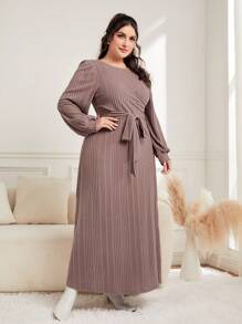 Seusyu Plus Lantern Sleeve Belted Dress - Dusty Pink - View 4