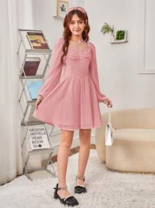 SHEIN Teen Girl Sweetheart Neck Ruched Bust Lantern Sleeve Dress
