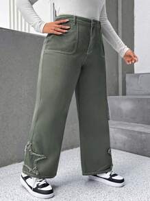 SHEIN EZwear 大碼星星補丁貼頂針闊腿牛仔褲 - 軍綠色 - 查看 3