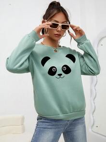 SHEIN EZwear Của phụ nữ Hoạt hình gấu trúc In Vòng cổ Áo nỉ - Màu xanh Bạc hà - Xem 5