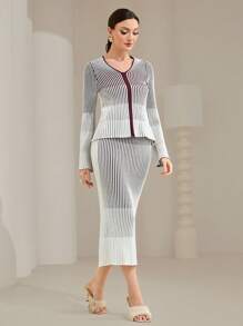 Modelyn Striped Pattern Cardigan & Knit Skirt - Burgundy - View 4