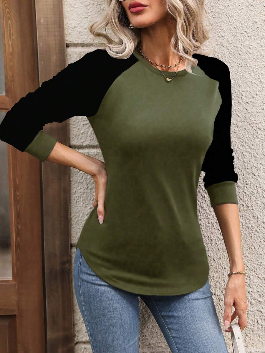 SHEIN LUNE Colorblock Raglan Sleeve Tee Graphic Tees Women Tops Fall Cloth For Women - Green - View 1