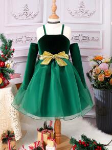 SHEIN Tween Girl Cold Shoulder Mesh Hem Belted Dress for Christmas - Green - View 1